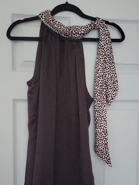 White House Black Market Black Dress with Cream-and-Black Polka Dot Neck Scarf